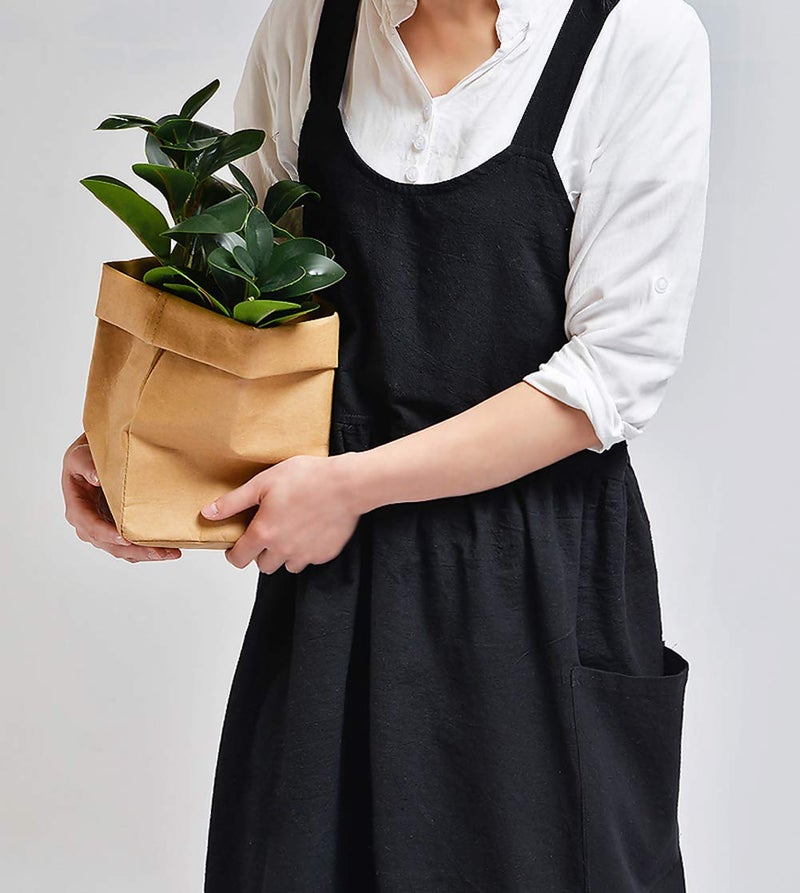 NEWGEM Cotton Linen Cross Back Apron for Women with Pockets for Cooking Baking Black without Waist Ties - Image 4
